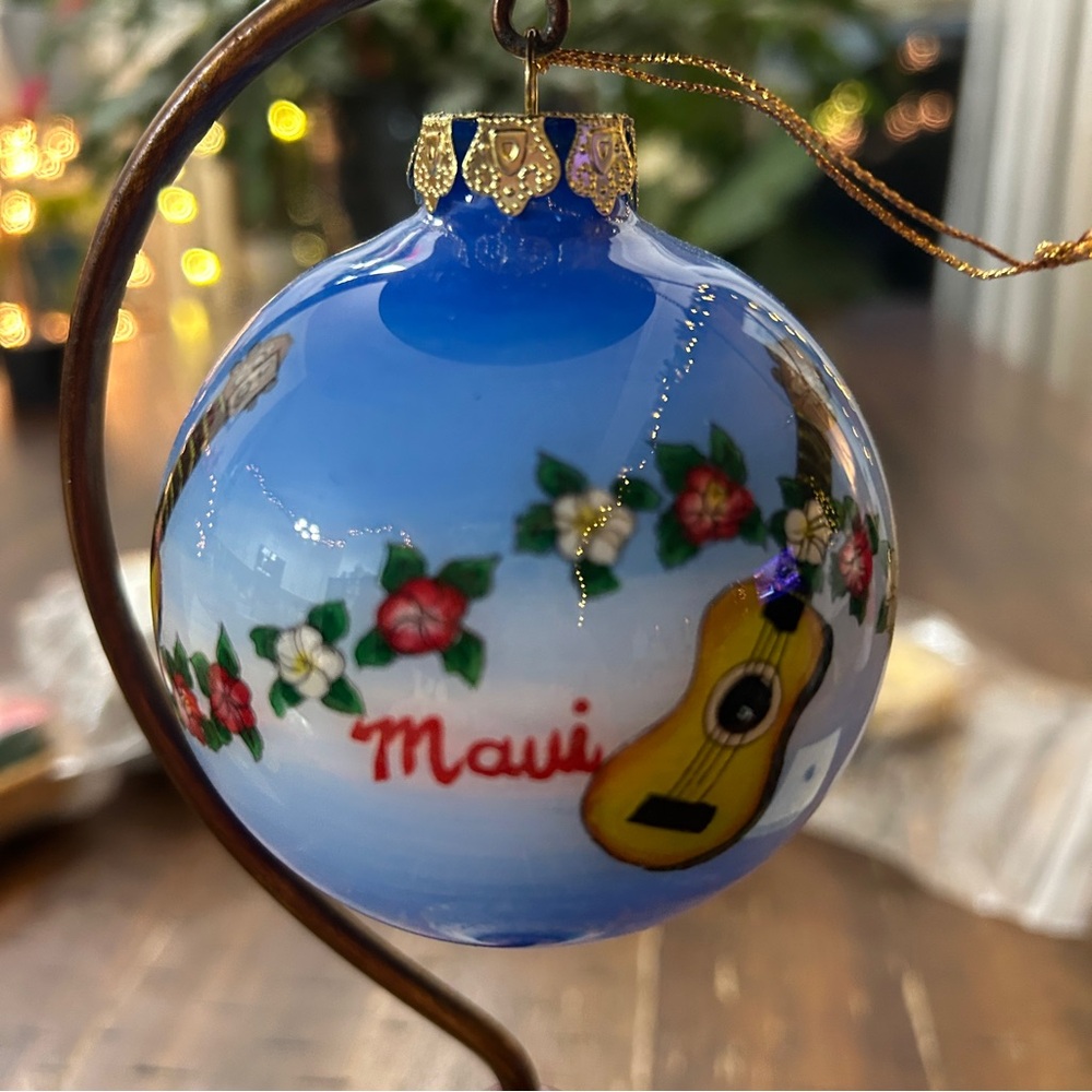 Hand Painted Vintage Hawaiian Christmas‎ Ornament Ukulele Flowers Maui